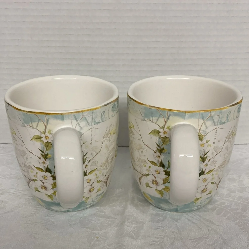 Pier 1 Imports Earthenware Field Notes Butterfly Garden Large Mugs Cup Set of 2